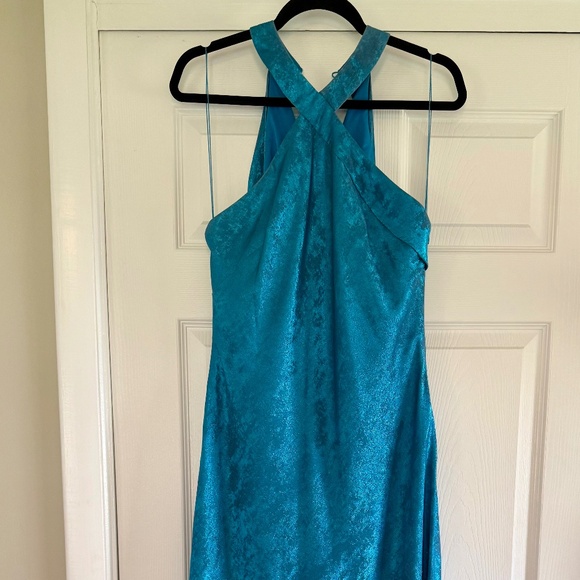 Aidan by Aidan Mattox Halter Sleeveless Foiled Mermaid Gown in Ocean Dream - Picture 2 of 5